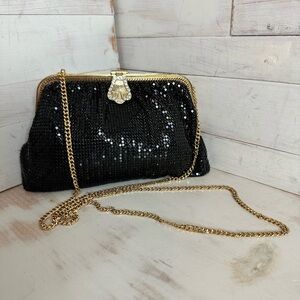 Vintage Whiting and Davis Black Sequin Evening Clutch with Gold Chain